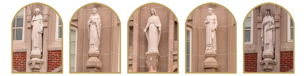 Statues of Mary, Saints Albert the Great, Thomas Aquinas, Catherine of Siena, and Saint Dominic