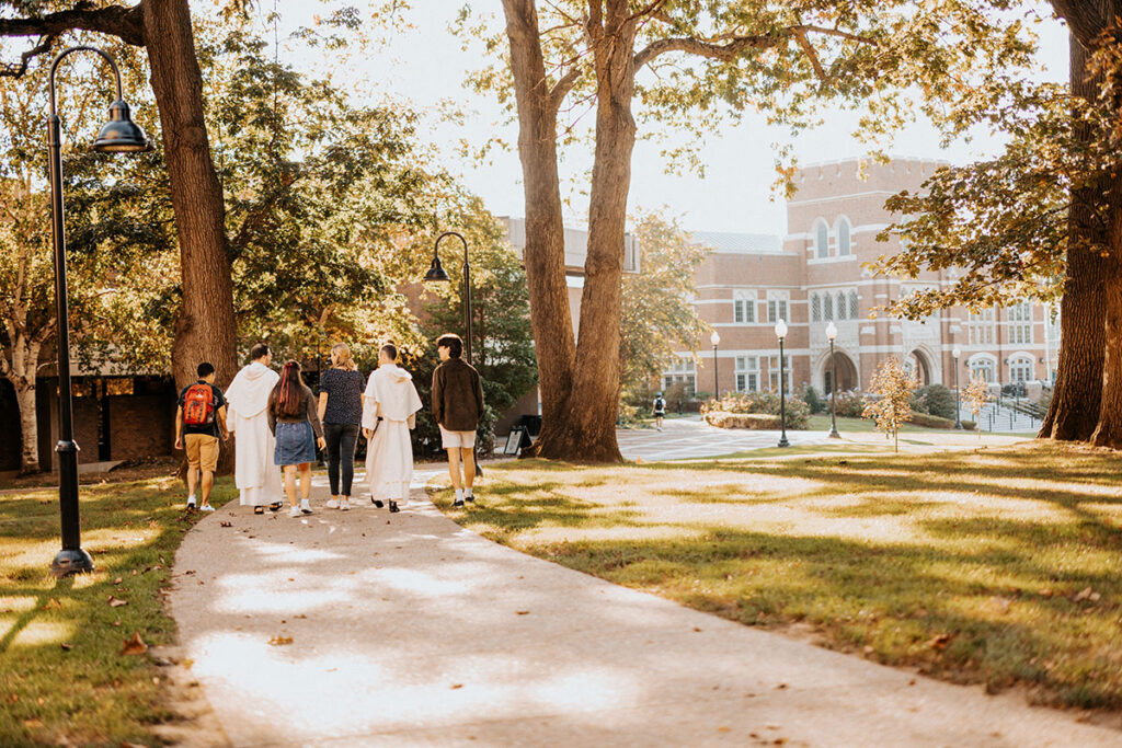 students walking on campus
