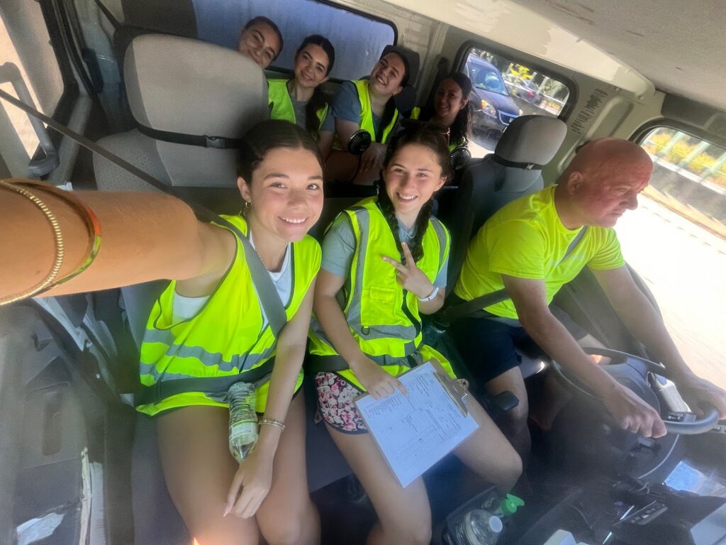 students in a truck